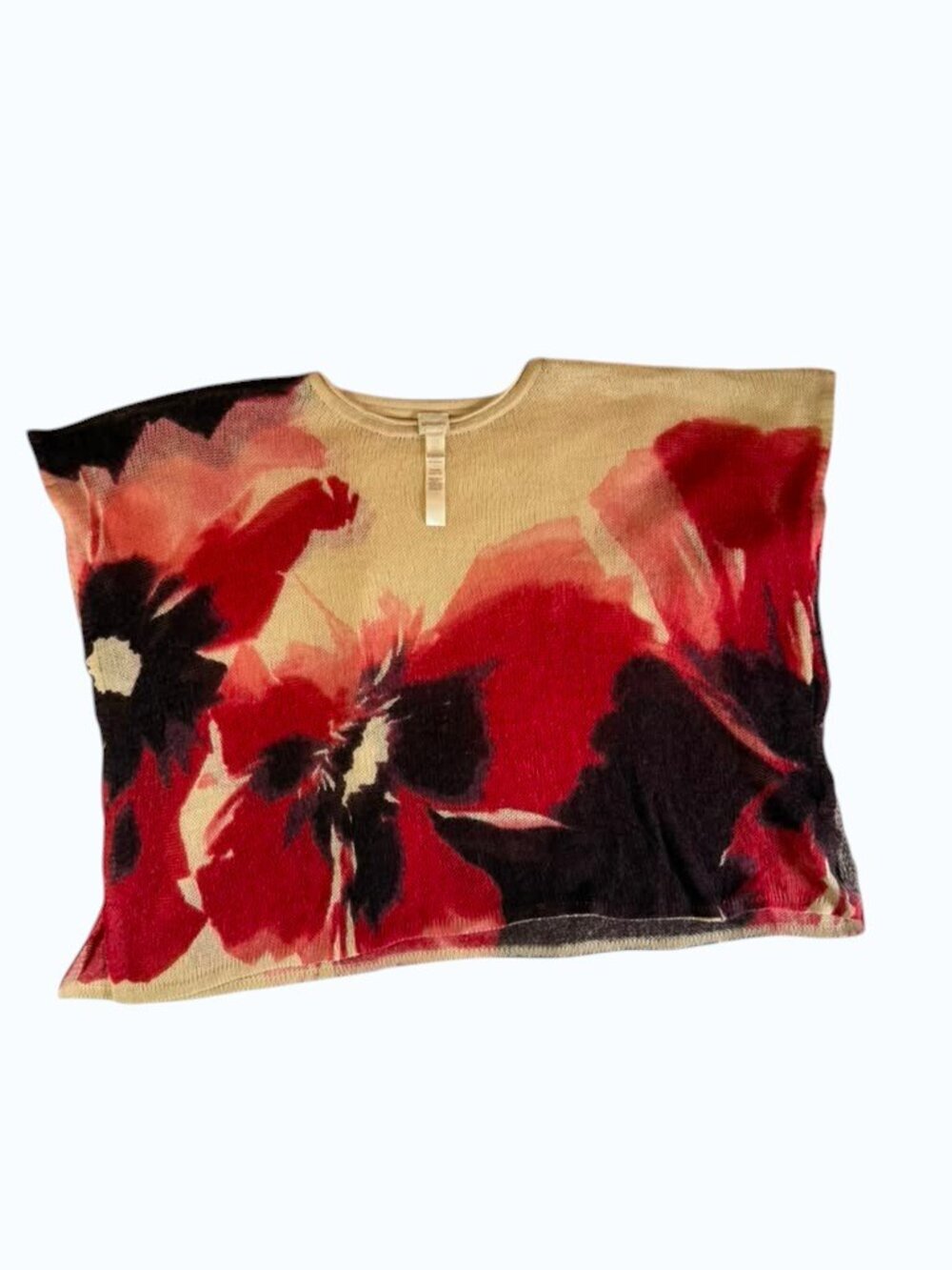 Chico's One Size Floral Knit Top Red Beige Black Lightweight Dolman Blouse.